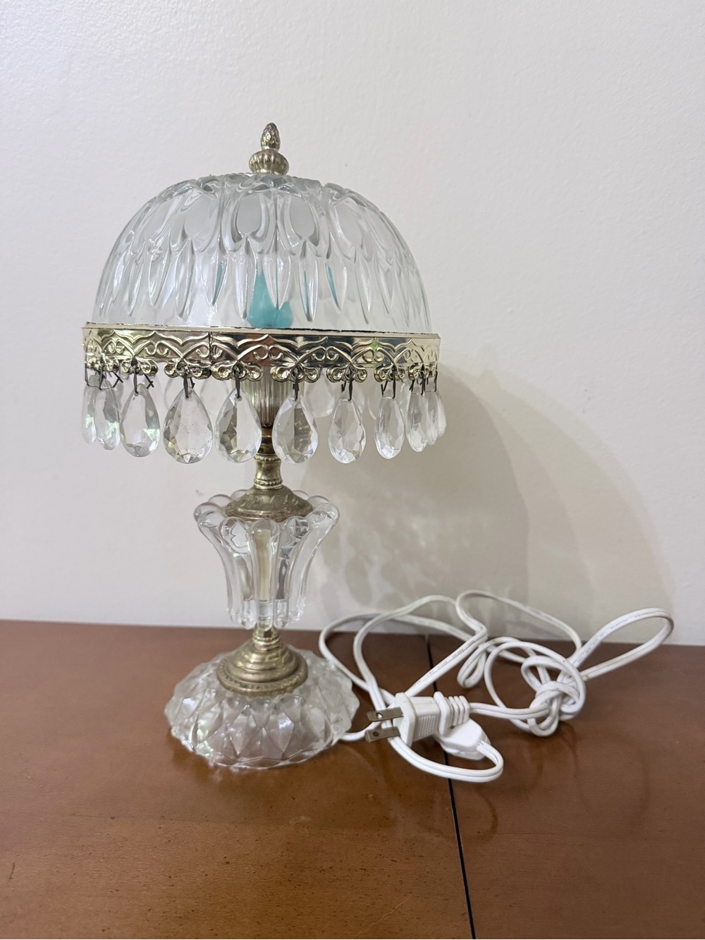 Vintage Michelotti Crystal Boudoir Table Lamp Clear Dangling Teardrop Victorian